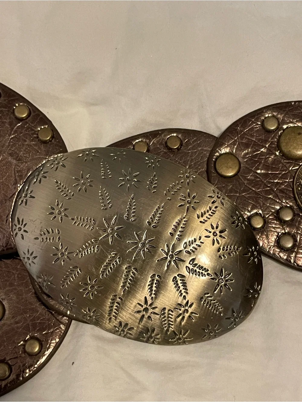 Studded Oval Western Boho Waist Belt with Embossed Buckle - Brown & Gold
